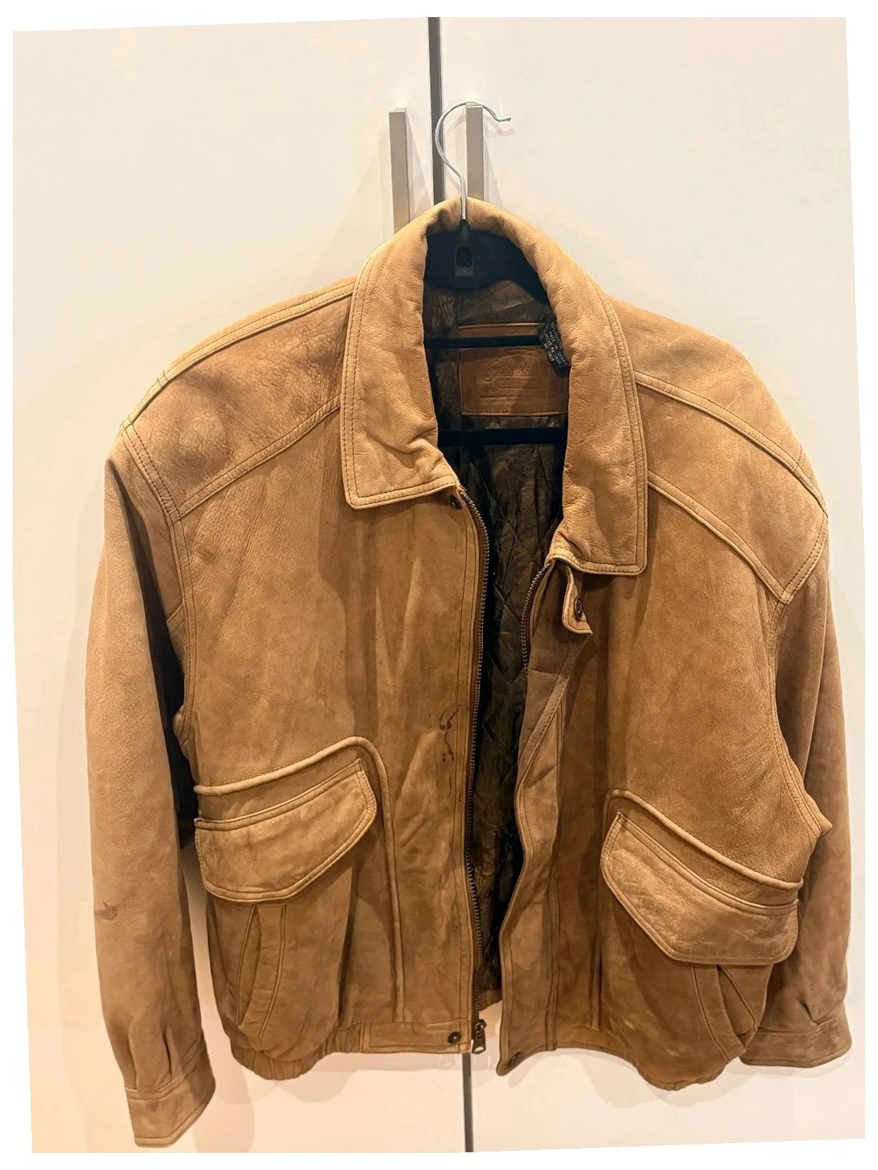 Vintage men's brown suede leather bomber jacket with large collar, aviator style, size L – photo 2